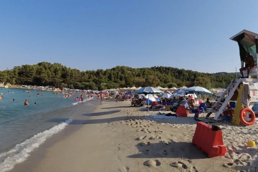Armenistis Beach Sitonija Halkidiki, popularna peščana plaža sa kristalno čistim morem i borovom šumom u pozadini