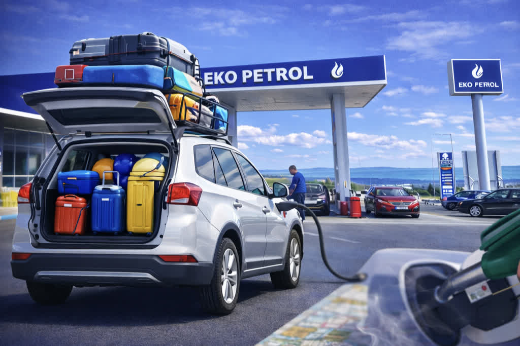 Putnici sipaju gorivo na Eko Petrol pumpi na putu ka Grčkoj automobil pun prtljaga
