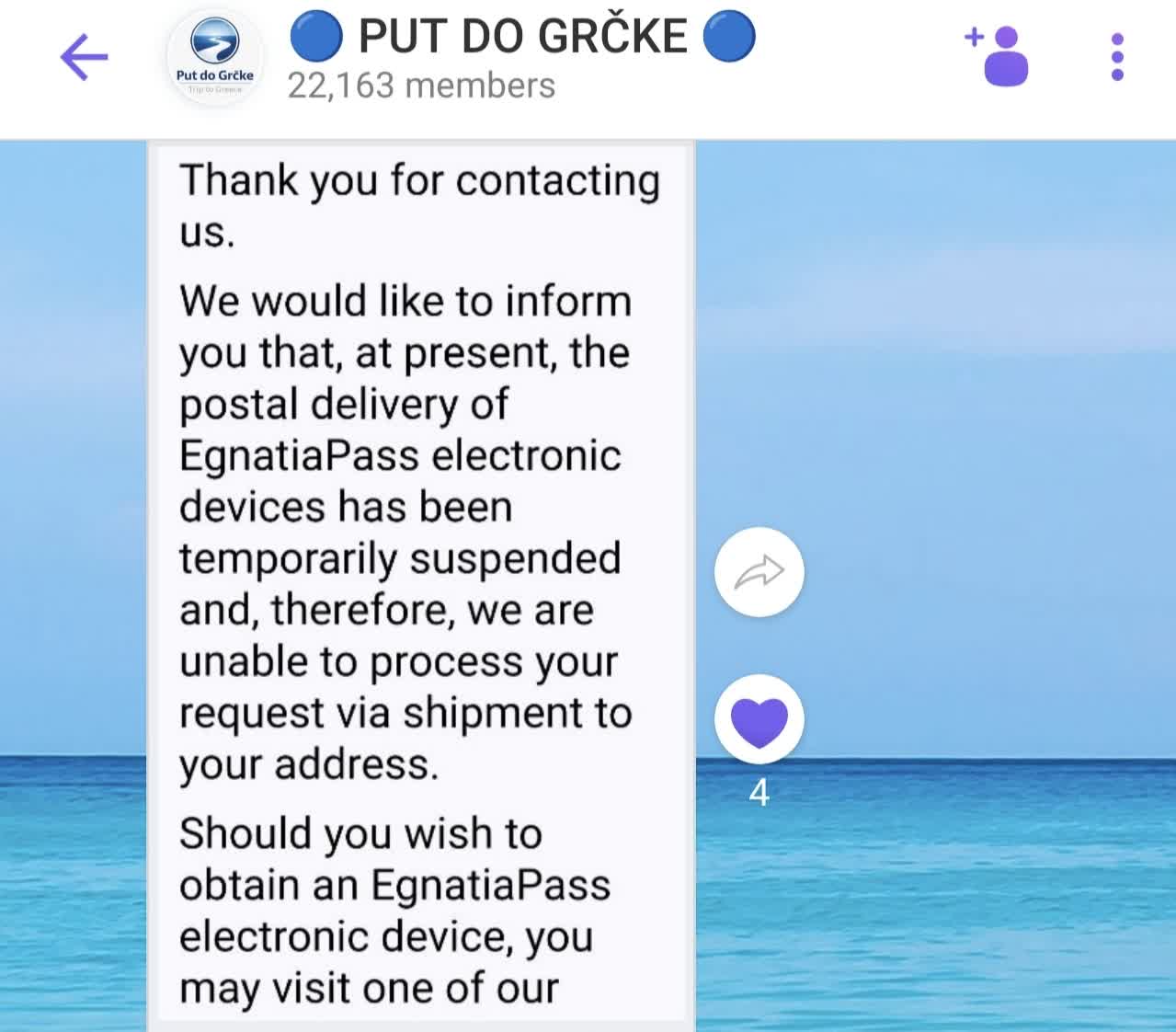 Poruka člana Viber grupe o tome da je dostava grčkog TAG uređaja privremeno obustavljena